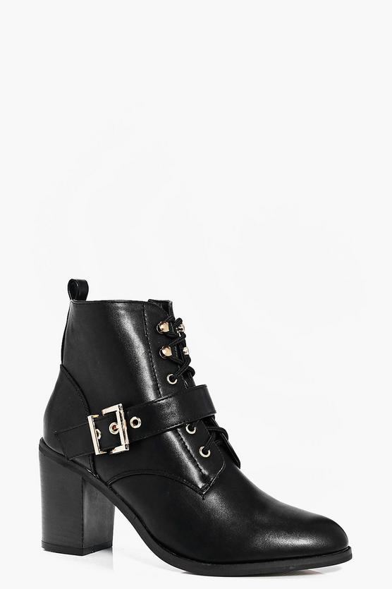 Phoebe Buckle Trim Lace Up Block Heel Boot